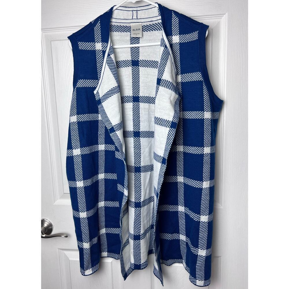 Blair Sleeveless Open Front Plaid Vest Blue, White Women's Size XL